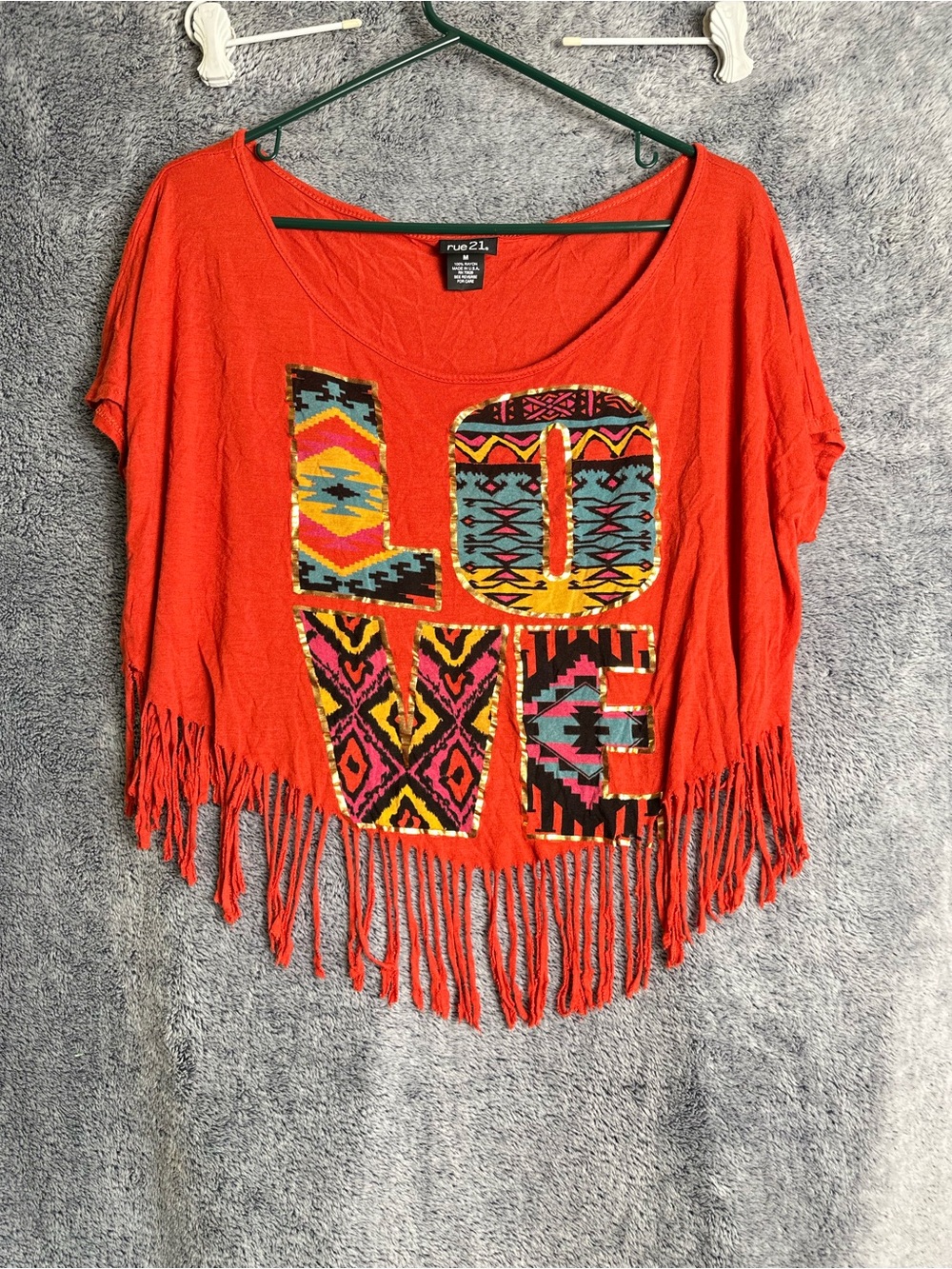 Rue21 Orange Fringe Crop Top with Multicolor Aztec 'LOVE' Graphic